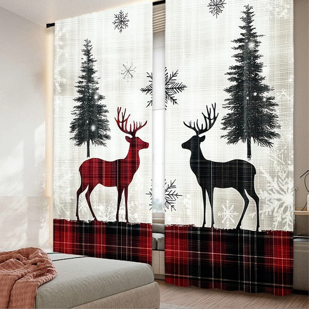 2 Stück 2D-Flachdruck-Vorhänge für frohe Weihnachten, Party, Winter, Rentier, kostengünstig und stilvoll, festliche Vorhänge aus 100 % Polyesterfaser
