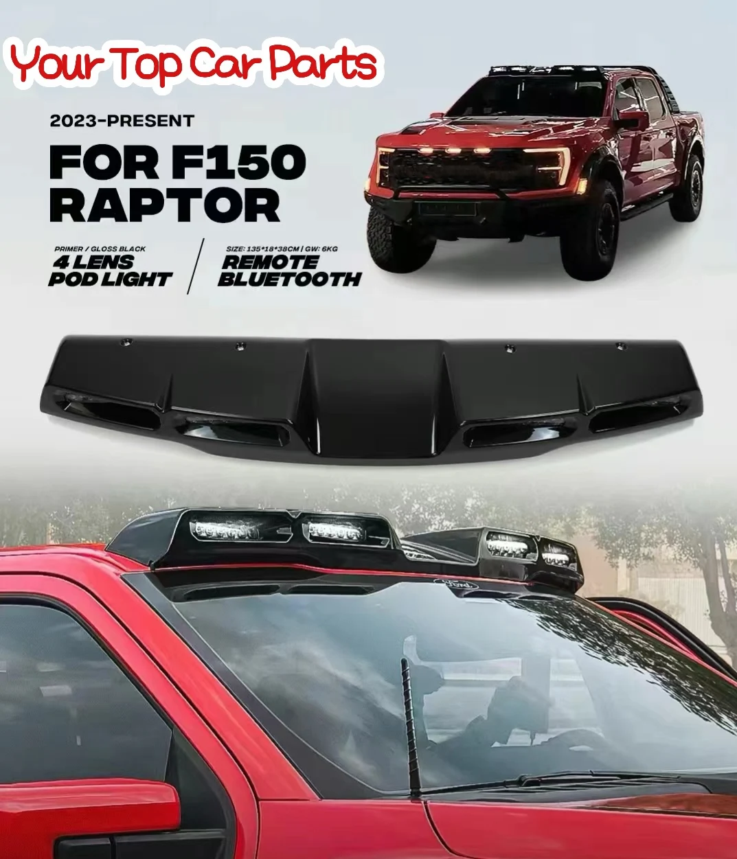 Fits For F150 2023-2025 Glossy Black Roof Spoiler Lamp LED Light Bar