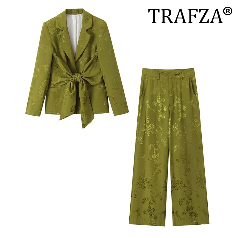 TRAFZA Women Summer Fashion 2-Pieces Sets 2024 New Jacquard Blazers Coats and Trousers Female Elegant Street Two Suits Clothing