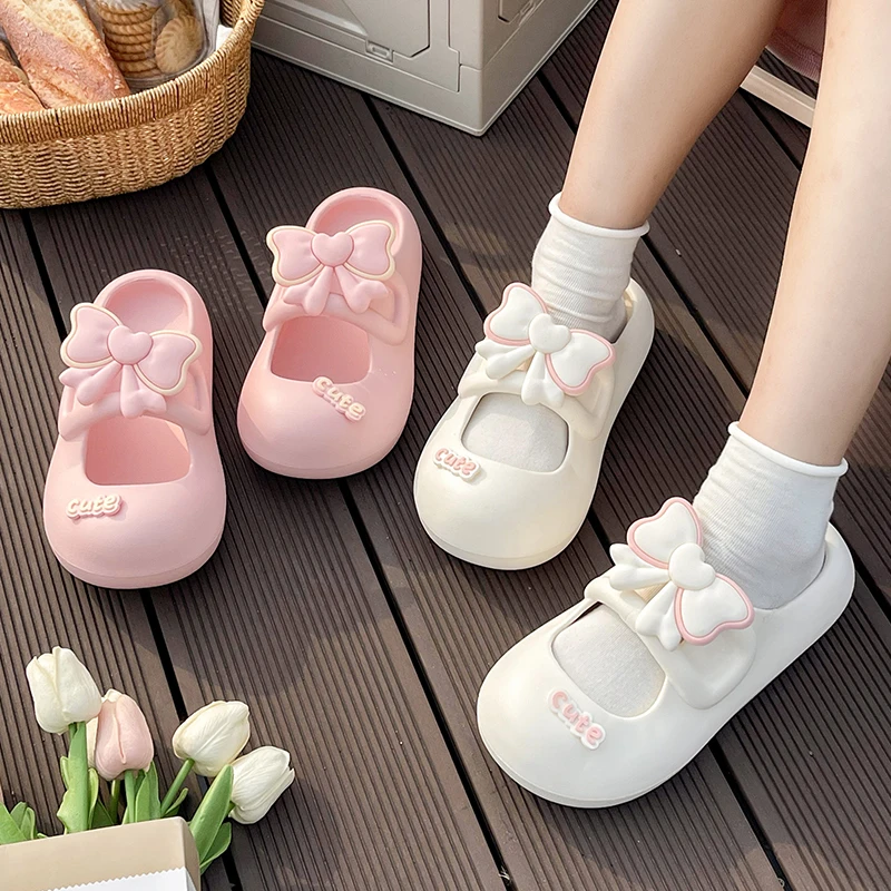 Bow tie toe slippers for women\'s summer indoor use, anti slip thick soled, cute princess girl heart sandals EVA outdoor