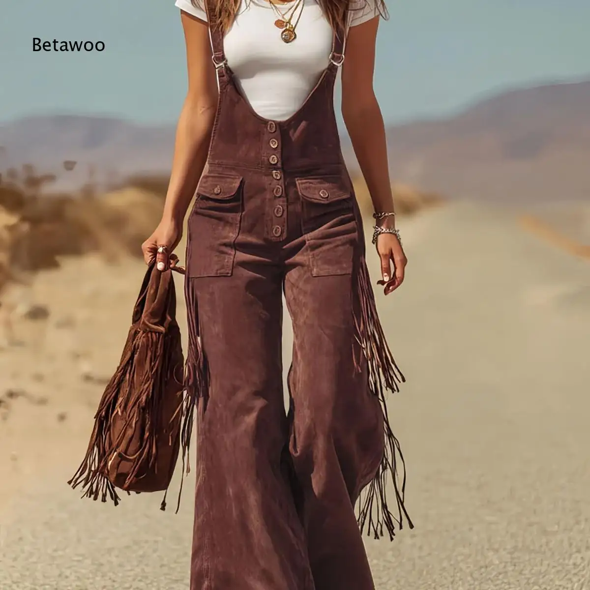 Women Suspender Jumpsuit Shoulder Straps Button Front Closure Functional Patch Pockets Long Fringe Trim High Waist Trousers