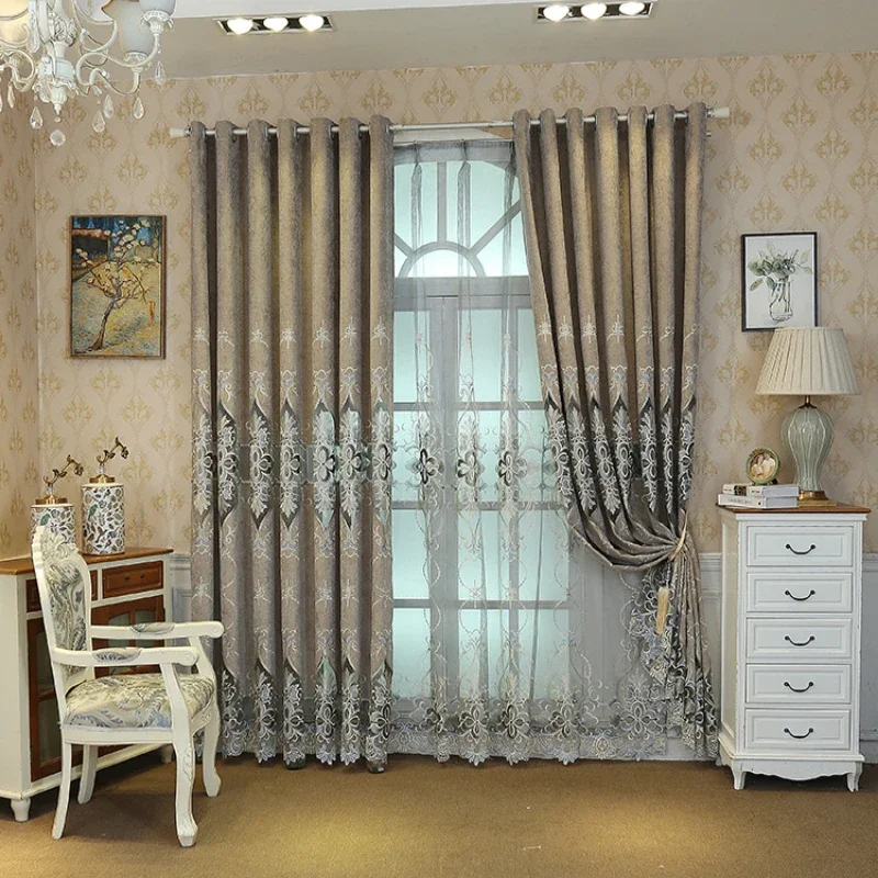 

European Style Curtain for Window Living Dining Room Bedroom Embroidery Premium Chenille Vintage Luxury Jacquard Sheer Curtain