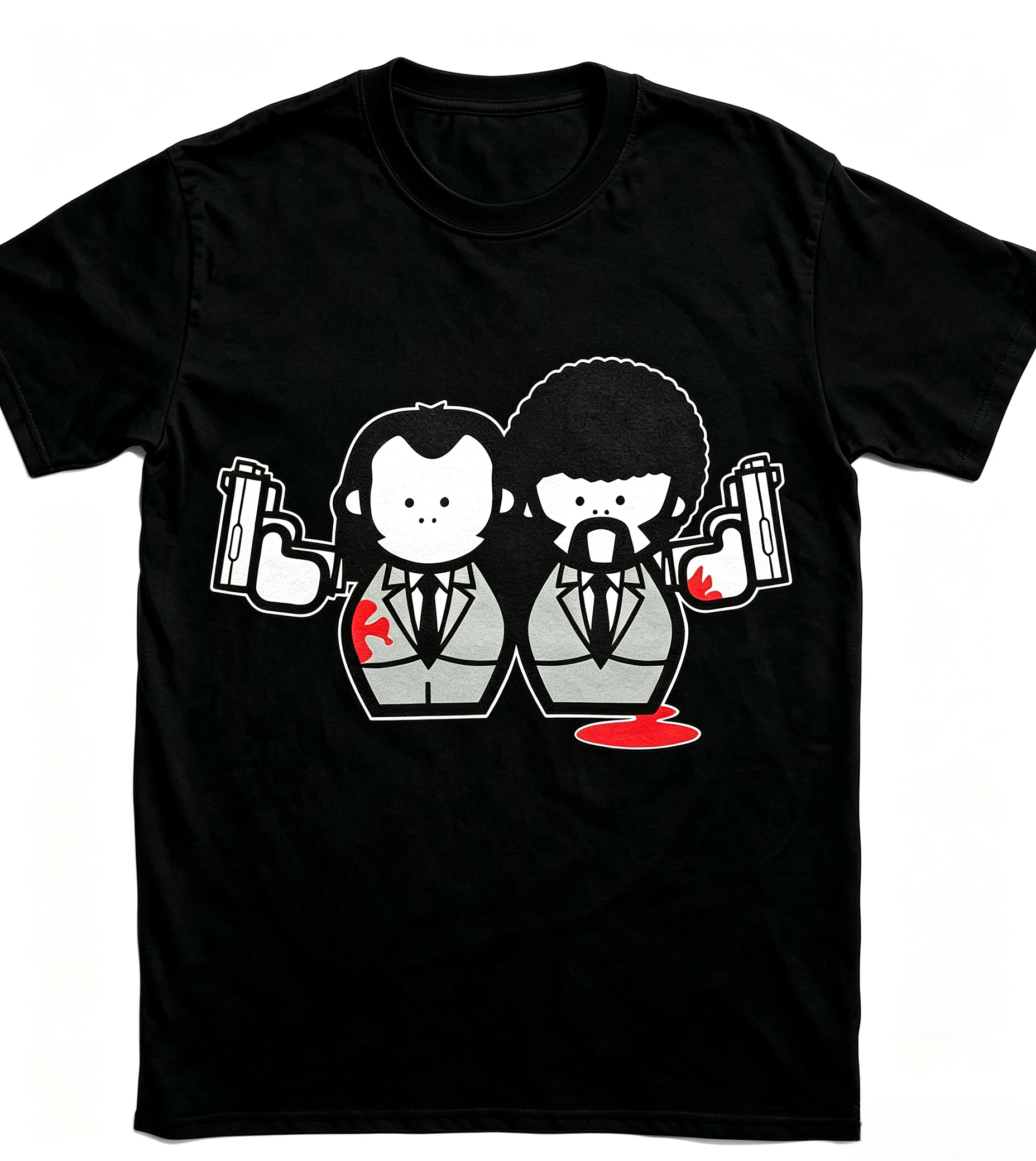 Cartoon Pulp Fiction Gun Blood Print T-shirt Men Soft Cotton Loose Classic Movie Fan Cool Casual Daily Streetwear Tee
