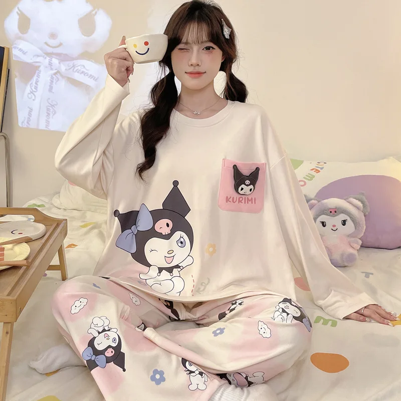 Sanrio Hanton cartoon print spring and autumn long-sleeved pajamas women's cute Melody crew neck pullover loungewear suit