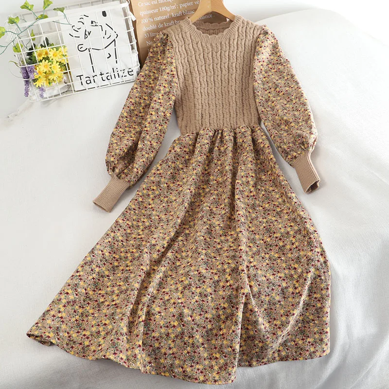 Autumn Winter Women\'s Knitted Dress New Long Sleeve Corduroy Floral Dress Female Elegant Sweater A-line Long Belt Warm Veatidos