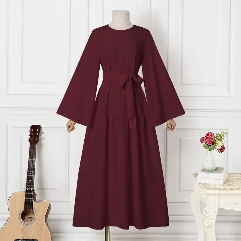 Long-sleeved Muslims Dubai Abayas Fashion O-neck Dress for Women Spring Solid Color Casual Robe Female Islam Clothes with Belt