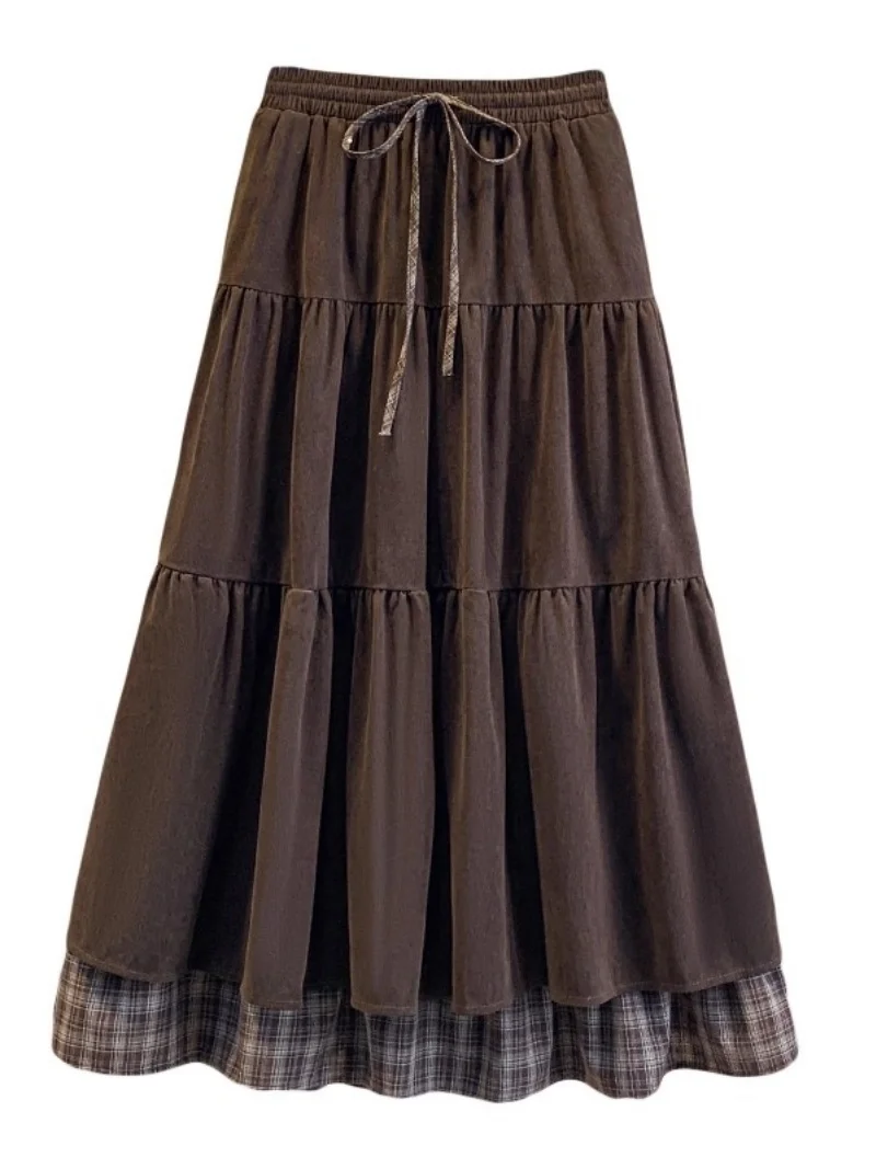Falda falsa de dos piezas para mujer Otoño e Invierno 2025, nuevo estilo Vintage, falda acampanada con dobladillo con volantes a cuadros de talla grande W1275