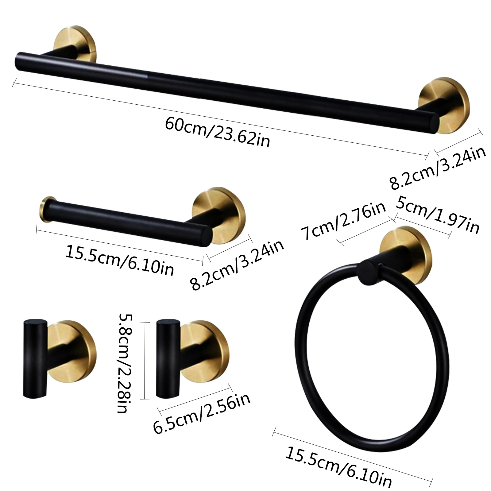 Wall-montado em aço inoxidável Toalha Bar Set, moderno banheiro Hardware, preto e dourado, 5 PCs