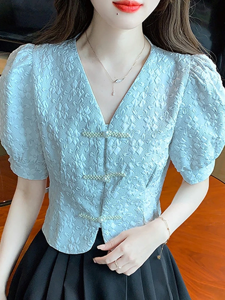 

Fashion New Summer Short Sleeve Blouse Women V-Neck White Chiffon Blouse Shirt Blusas Mujer De Moda 2024 Verano Women Tops G596