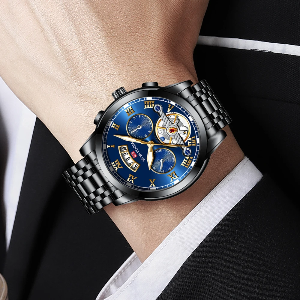 VA VA VOOM ブランドメンズ腕時計オリジナルパイロットシリーズシミュレーショントゥールビヨン 41 ミリメートルステンレス鋼クォーツムーブメントカジュアルスポーツウォッチ