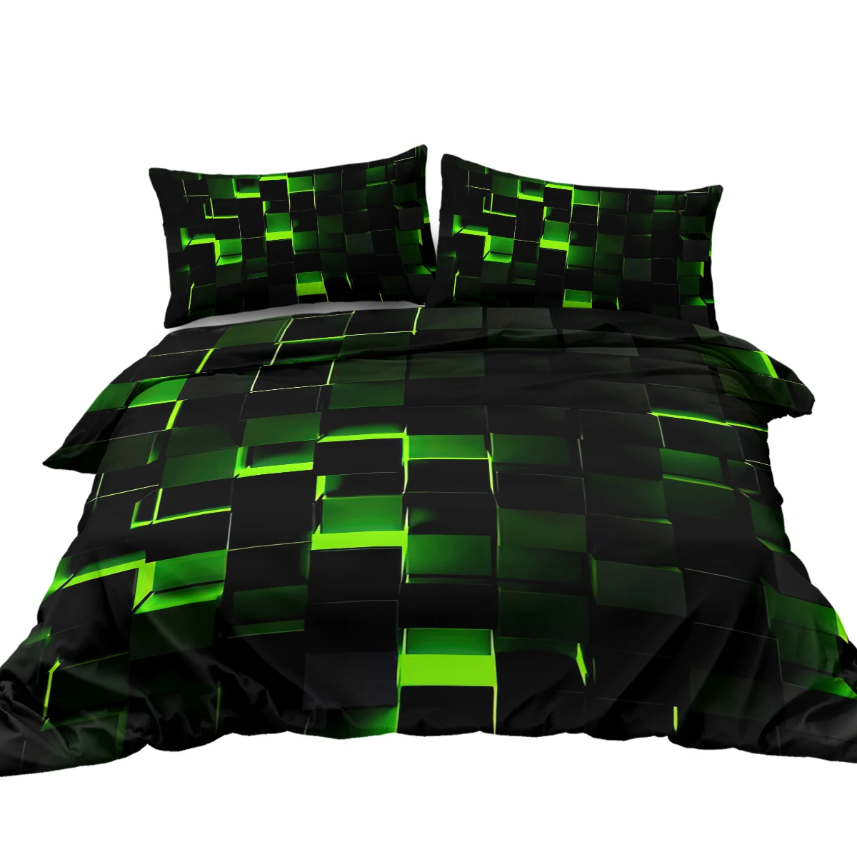 Abstract Duvet Cover Set Geometric Style Bedding Set 3 PCS Green Black Digital Dimensional Square Shaped Cubes Comforter Cover