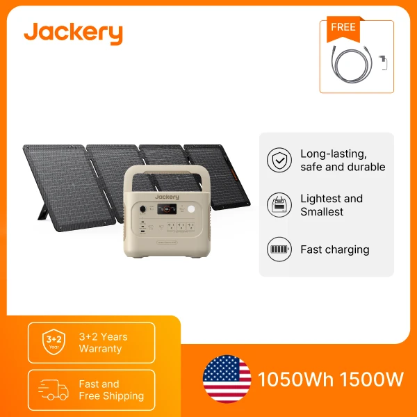Jackery E1000AC Sand Gold 1050Wh Portable Power Station with 100Wair Solar Panel & 5m Extension Cable, 1500W Pure Sine Wave AC Output, 3000W Surge, LiFePO4 Battery, 100W USB-C and Fast Recharge for Camping, RV Trips and Home Emergency Backup