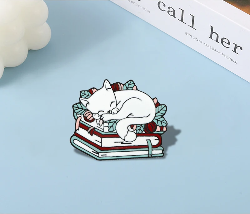 Cat Reading Book Enamel Pin Cartoon Sleeping Kitten Brooches Cute Book Lover Animals Badge Bag Clothes Lapel Pins Jewelry Gifts