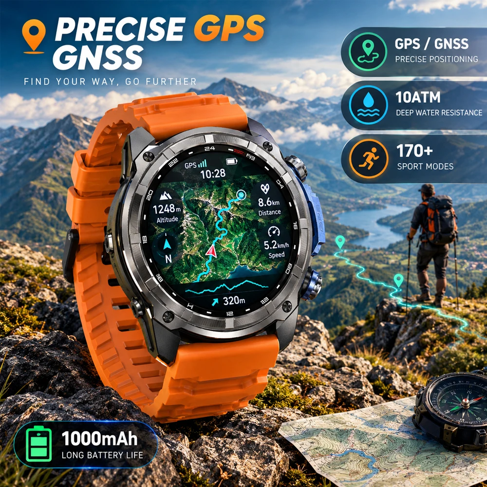 2026 New Outdoor Precise GPS Map GNSS Smart Watch Men 10ATM Waterproof 1000mAh Battery 170+Sport Mode Bluetooth Call Smartwatch