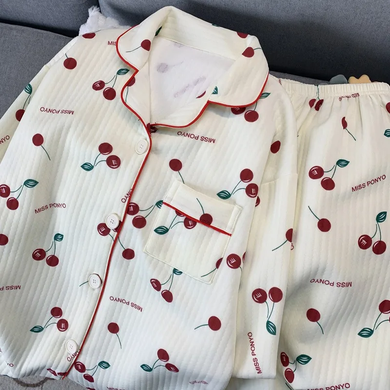 Korean Style Colourful Dot Women's Sleepwear Set 2025 Autumn Winter New Pajamas Set Cute Lapel Neck Casual Homewear 2PC Suit