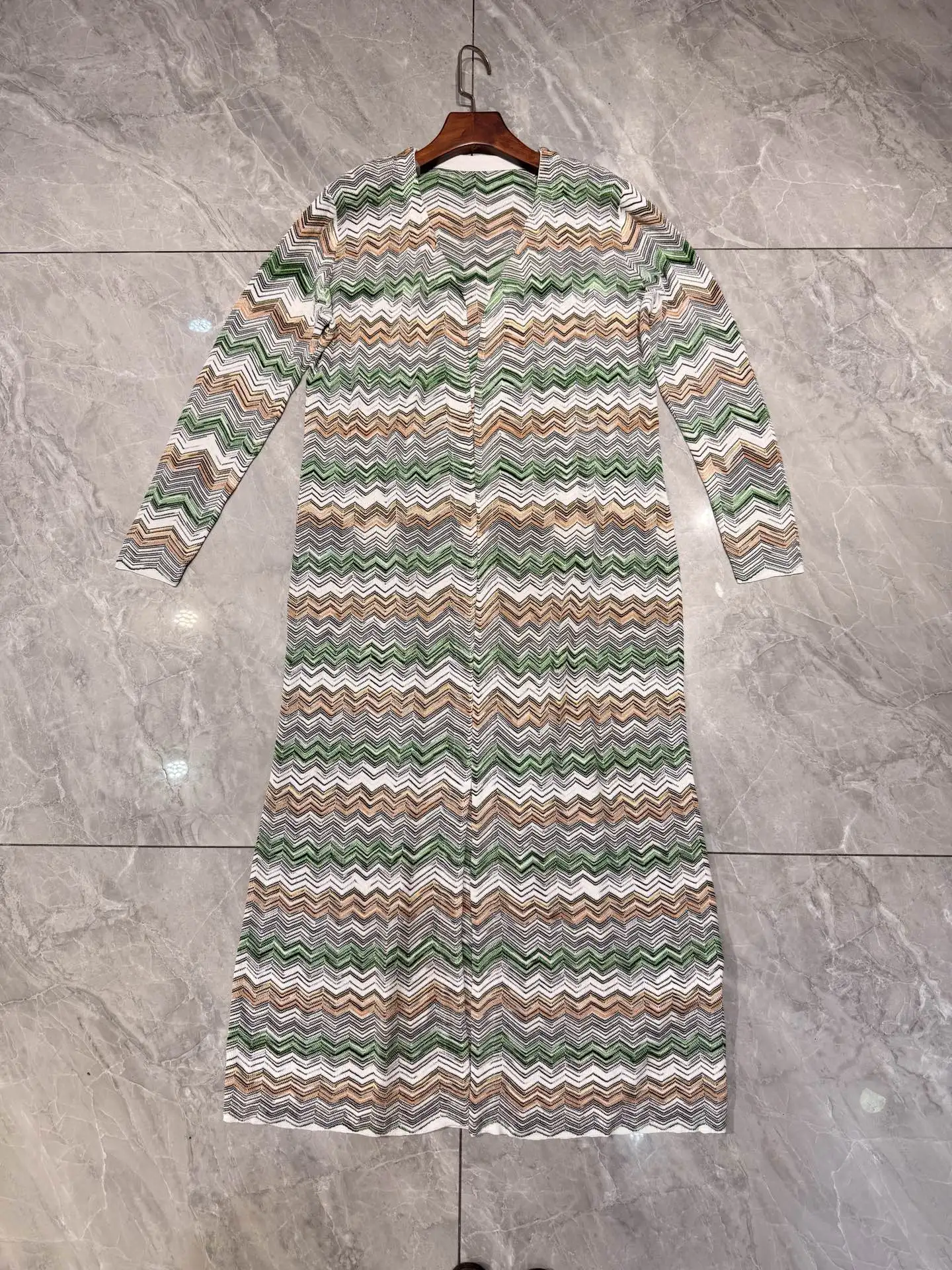 Spring Autumn Fashion Daily Zigzag Pattern Knitting Loose Long Style Cardigan Women's Deep V-Neck Long Sleeve Casual Coat