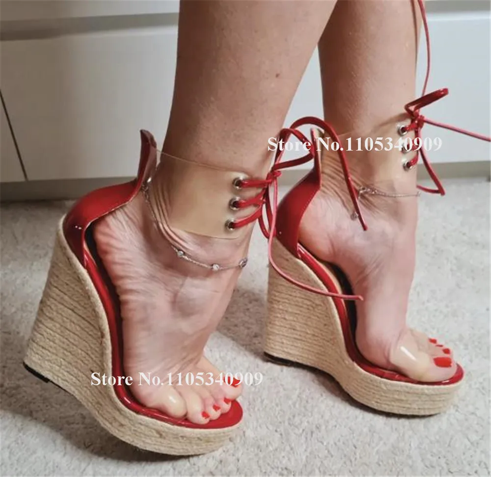 Bondarenko Red Patchwork PVC Straps Wedge Sandals Open Toe Ankle Transparent Lace-up High Platform Wedges Dance Shoes