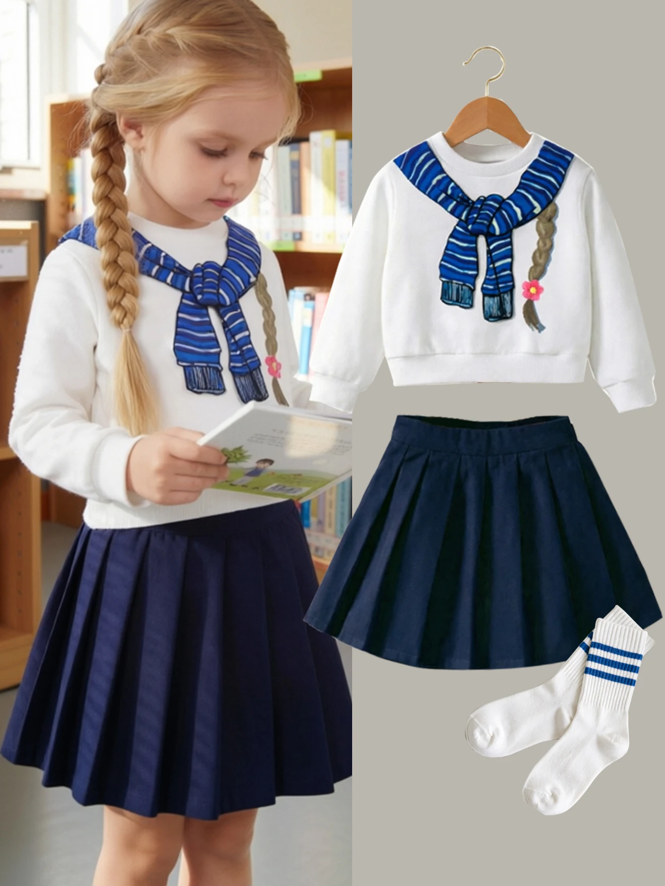 False Shawl Braid Design 2pcs Girls Clothing Set With Long Sleeve Sweatshirt + Pleated Skirt Spring Autumn Fashion Kids Outfit