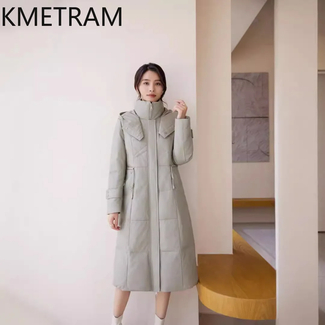 Pufferjacke aus 100 % Schaffell für Damen, hochwertiges echtes Leder, lange Daunenmäntel mit Kapuze, 2025, Winterkleidung für Damen