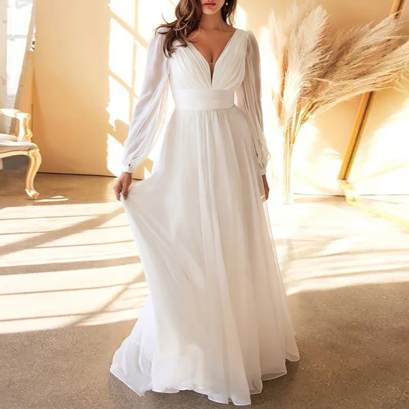 Sexy See Through Sleeve Evening Dress Elegant Long Sleeve V Neck Chiffon Dress Fashion Solid High Waisted Temperament Long Dress