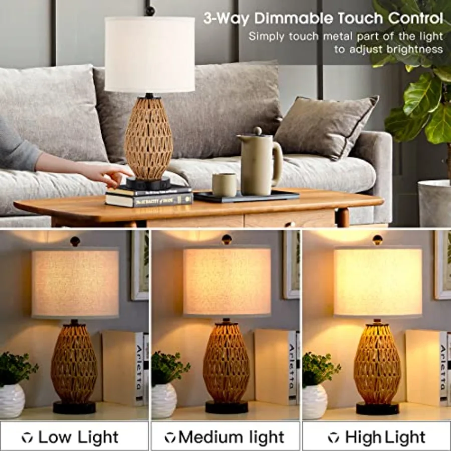 Touch Control Rattan Table Lamp, 3 Way Dimmable Bedside Lamp for Bedroom with 2 USB Ports and AC Outlet, Wicker Nightstand Lamp