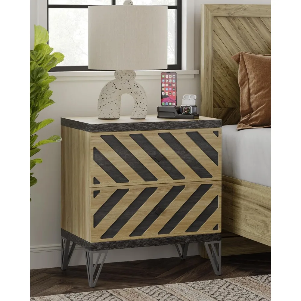 

Large Night Stand Set of 2 - Modern Bedside Table Wide Nightstands with 2 Herringbone Decor Drawers, Sturdy Metal Legs