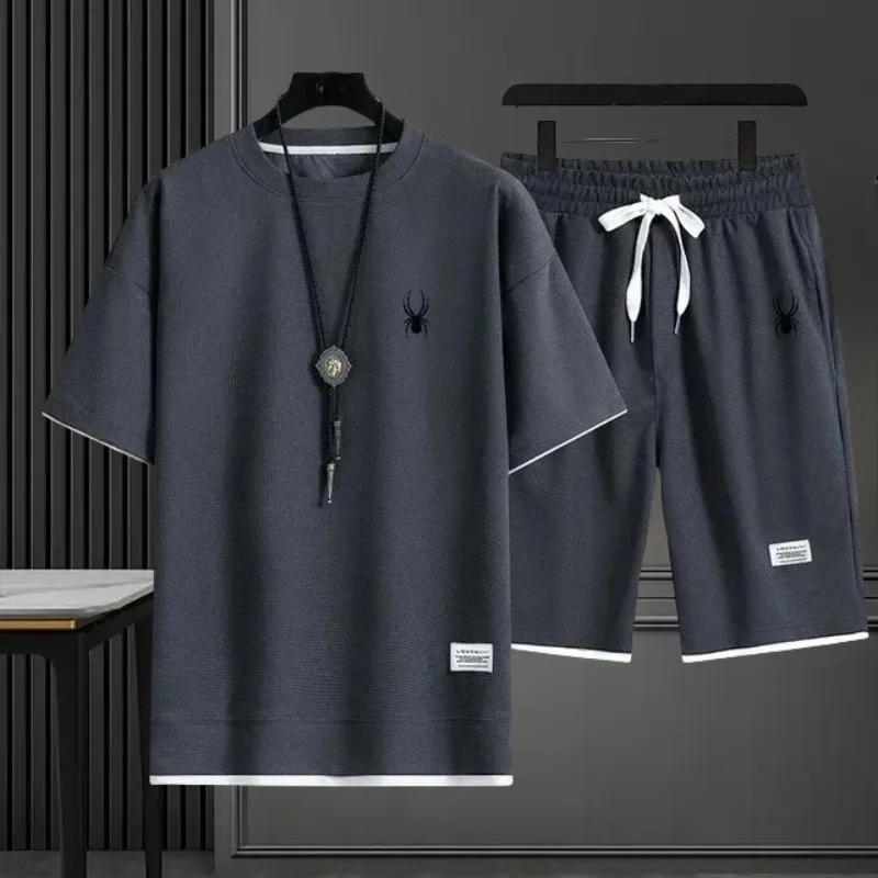 

Scarab Summer Fashion New Product Men's Waffle Short sleeved T-shirt+Shorts 2-in-1 Set Casual Daily Outdoor Sports Clothing