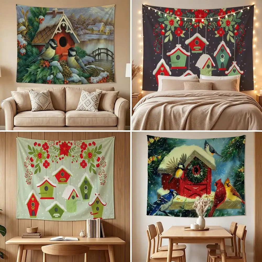 Christmas Birdhouse Tapestry Custom Living Bedroom Party Dormitory Interior Wall Bohemian Decoration Attached Clip