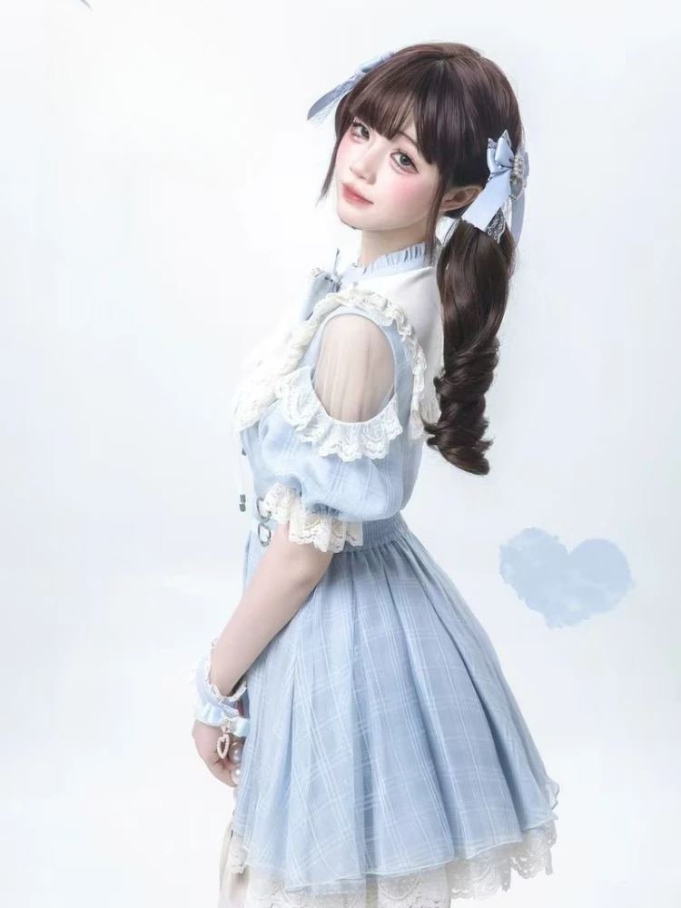 اليابانية الحلو لوليتا القوس فستان مجموعة تي شيرتات قصيرة للأطفال النساء Kawaii الدانتيل الكشكشة قبالة الكتف قمصان مربعة النقش فستان القوطية Y2k سليم فستان الحفلات #3