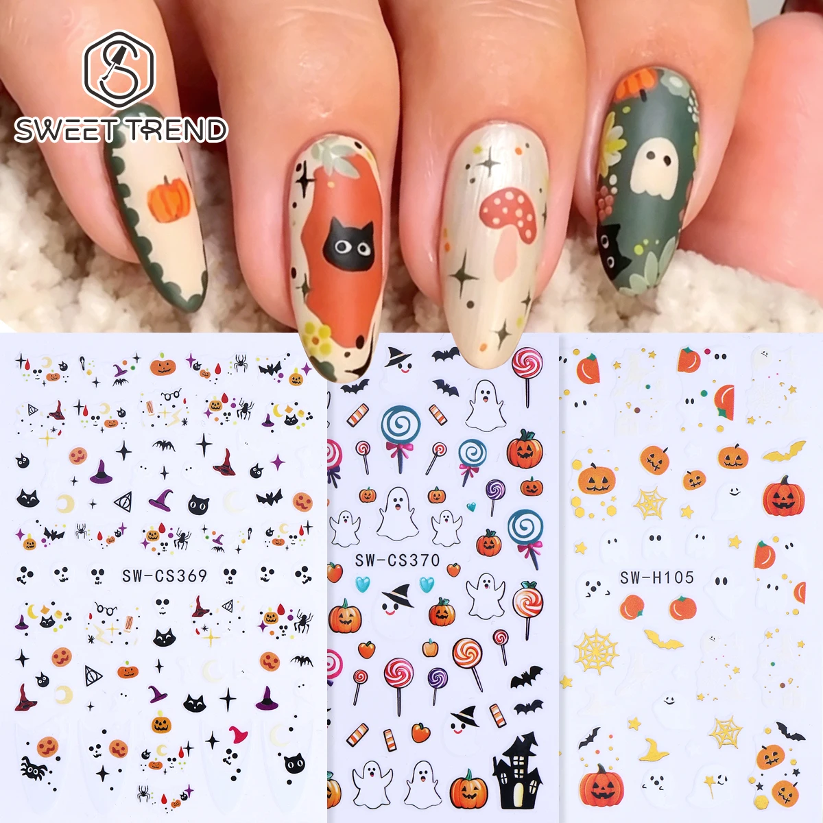 3pcs Adorable Halloween Element Nail Sticker Spooky Pumpkin Design Decals Bronzing Spider Web Bat Holiday Sliders Manicure Decor