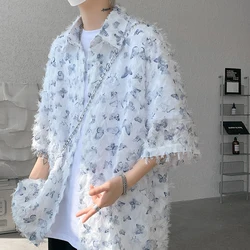 Summer Butterfly Tassel Splice Shirt Men Loose Casual Floral Short Sleeve Shirts Women Oversize Streetwear Boy Girl Blouses