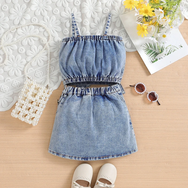 Pudcoco Kids Little Girl Denim Outfit, Bow Square Neck Spaghetti Strap Tops Split Hem Skirt Summer 2 Piece Set for Toddler