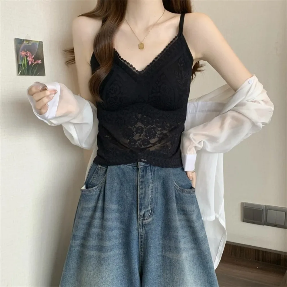 Fashion Built-In Chest Pad Lace Vest Slim Fit Beauty Back V-Neck Tank Top Seamless Crop Top Women Wear