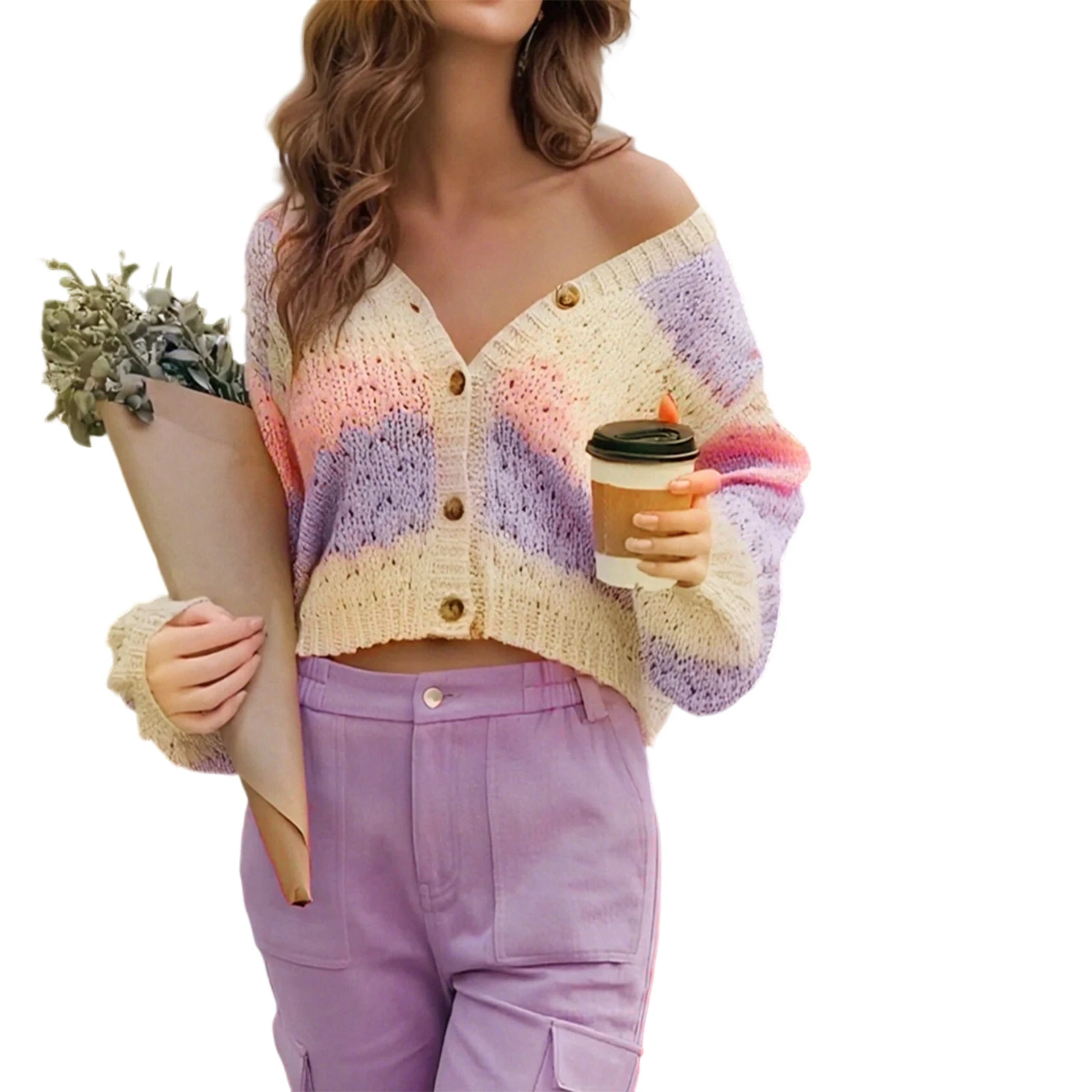 

Женский осенний свитер-кардиган с длинными рукавами и V-образным вырезом на пуговицах, трикотаж контрастного цвета