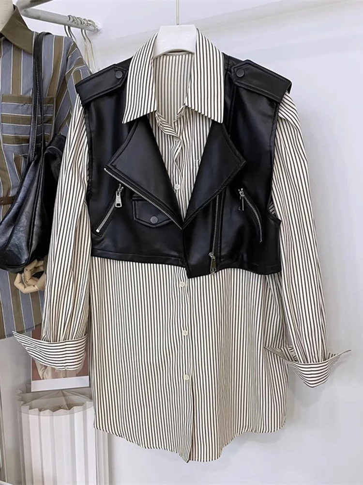 

Stylish American Motorcycle Jacket And Shirt Set Women's Autumn Versatile Striped Fashionable Two-Piece Leather Coat Combo