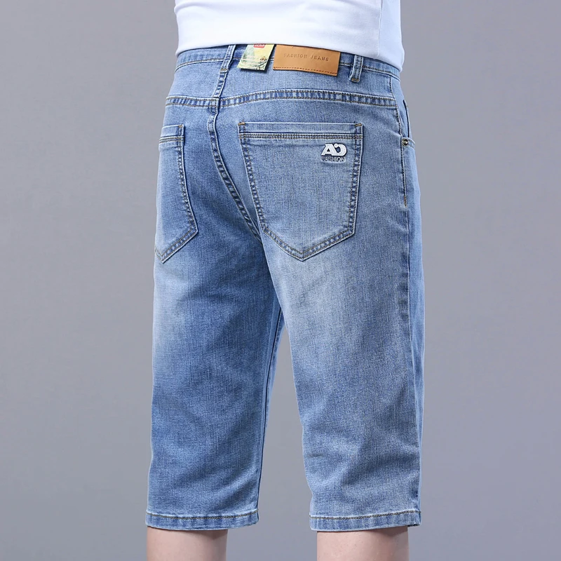 Summer Thin Slim Fit Stretch Short Jeans Classic Style Business Casual Light Blue Soft Cotton Straight-leg Denim Shorts Male