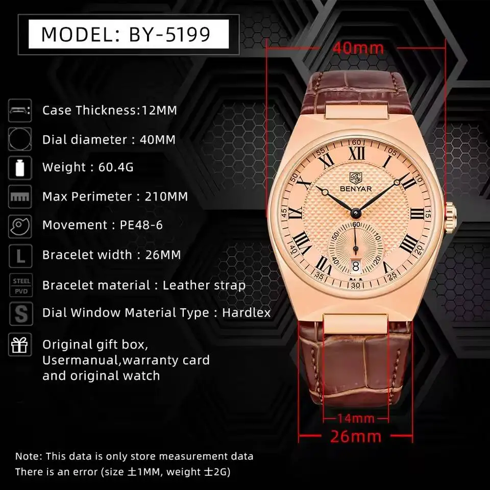 BENYAR 2025 Neue Top Marke Luxus Gold Quarzuhr Für Männer Original Sport Wasserdicht Militär leder Reloj Hombre