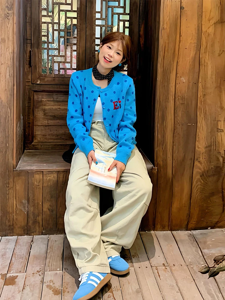 Cárdigan de lunares azules para mujer, suéter coreano bonito y dulce, Tops de punto, abrigo, prendas de punto de nueva moda de otoño 2025