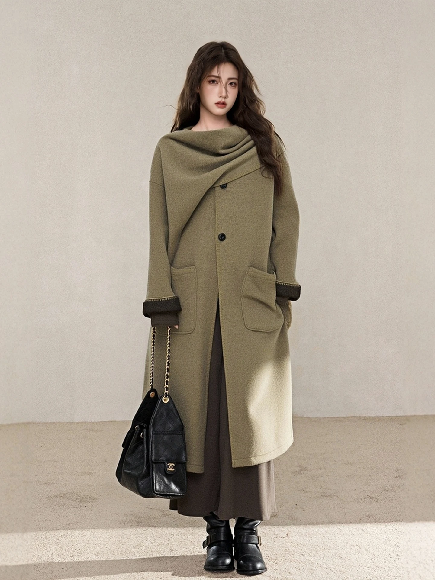 

Double-Faced Wool Long Jaet Women's mat Silhouette Winter New Sle Advanced Feel Loose Scarf Collar Coat