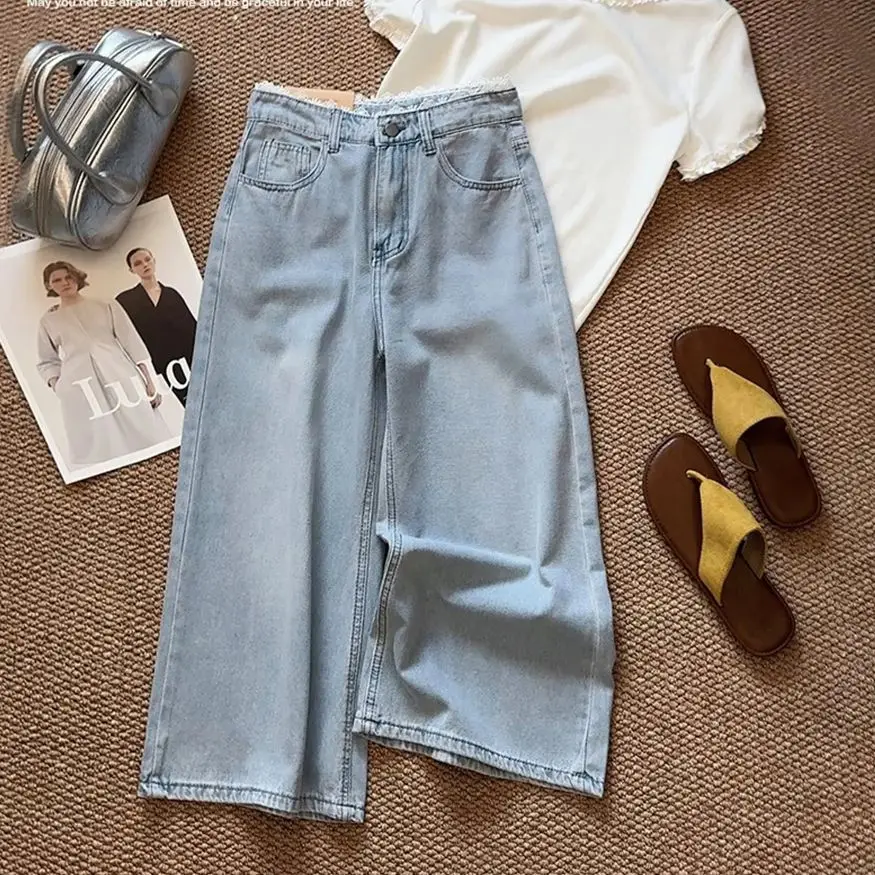 

Women's Lace-Panelled High-Waist Wide-Leg Jeans Summer 2025 Slimming Loose-Fit Simple Versatile Casual Female Denim Pants