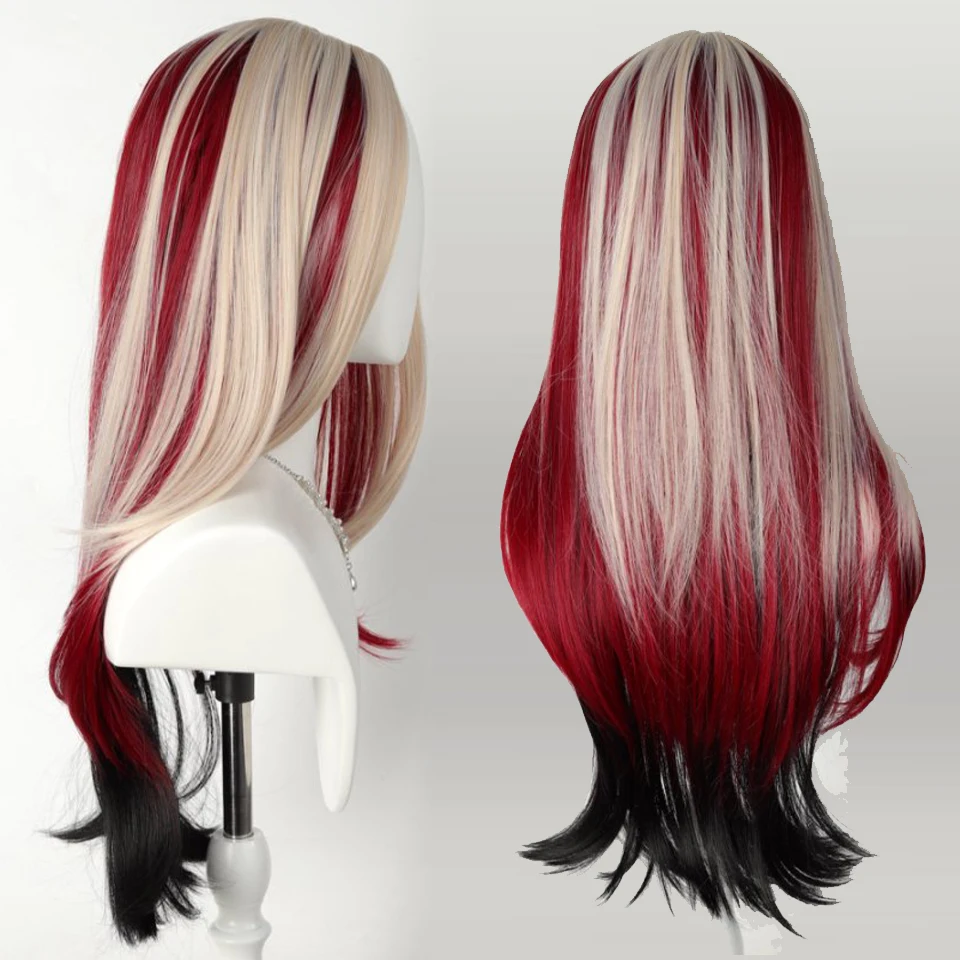 

Long Straight Layered Highlighted Synthetic Wig in Red Black Gradient White Gold Suitable for Cosplay Heat Resistant Hair