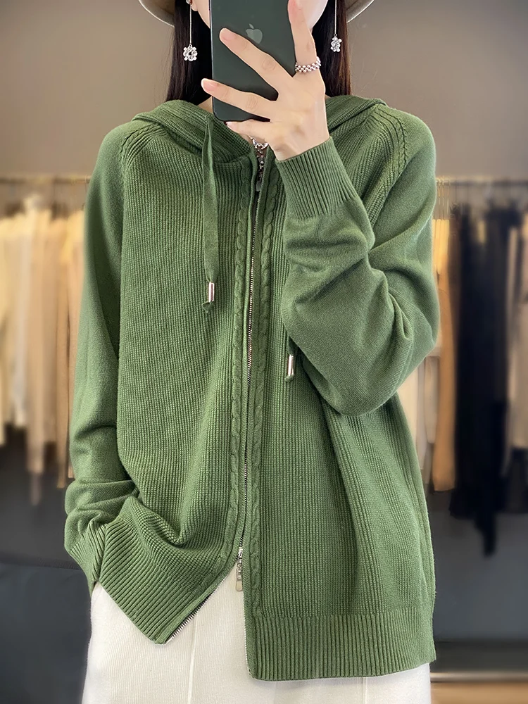 

Женский открытый кардиган, свитер, топ, толстовка с капюшоном, вязаная свободная двойная молния, осенняя модная европейская верхняя одежда, свободная одежда для поездок на работу