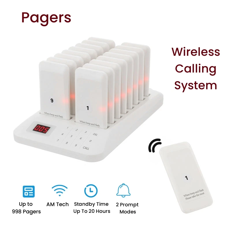 Wireless Calling System Restaurant Meal Picker Set Buzzer 16 Pagers Receiver 1 Keypad Transmitter Guest Paging Device