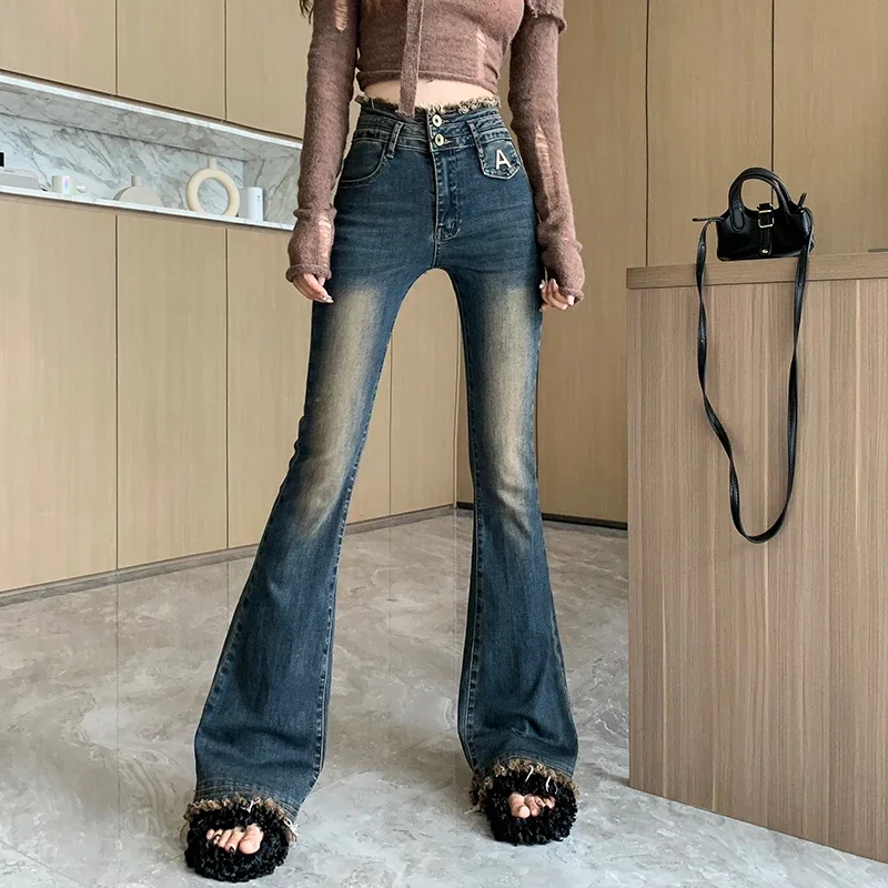 

Ladies Vintage High Waisted Jeans Woman Streetwear Lim-Fit Denim Trousers Girls Casual Denim Bell-bottoms Female Pants VAL7047A