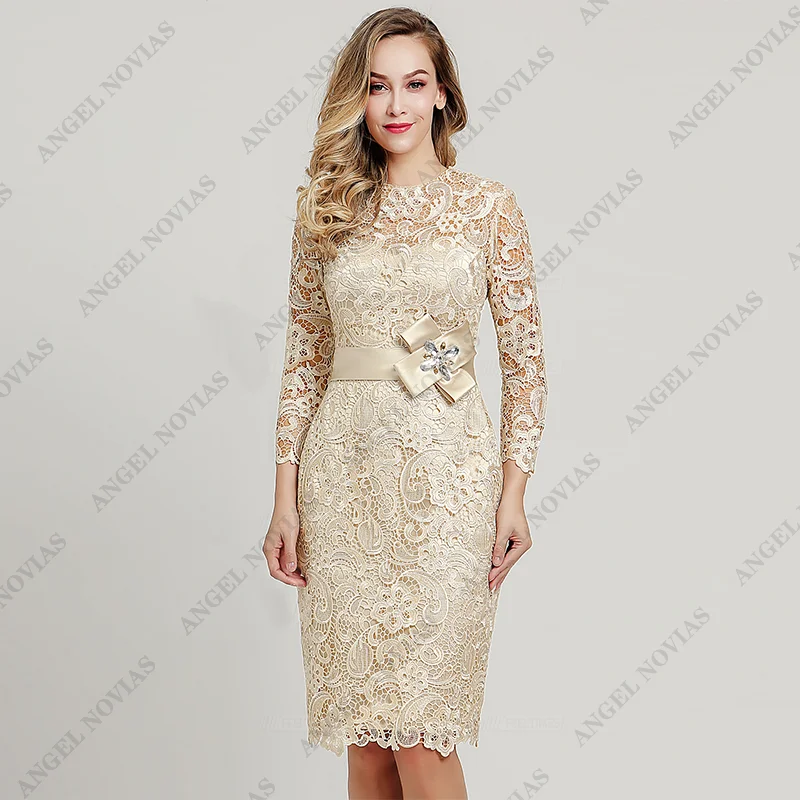 Knee Length Champagne Lace Mother of Bride Dresses 2025 with Sleeves Wedding Party Dress vestidos de fiestas elegantes mujer