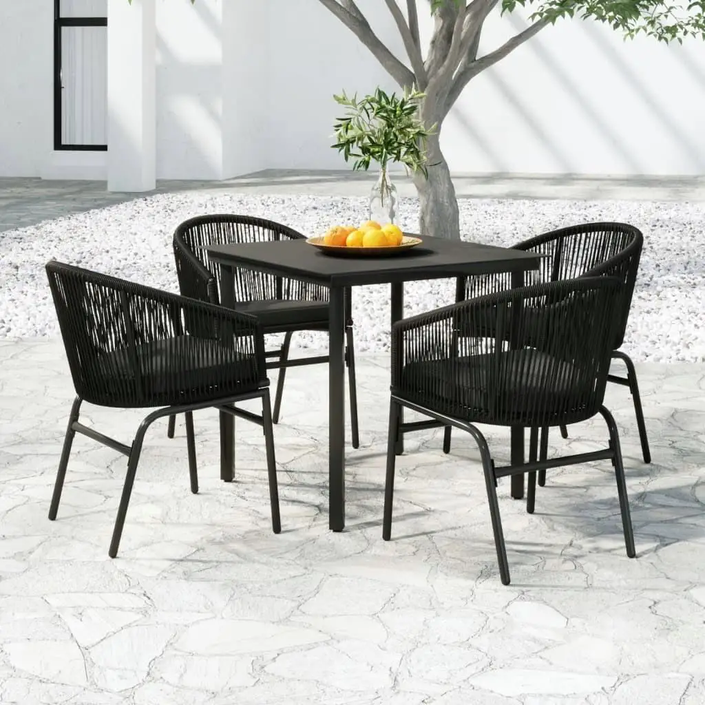 

Garden Outdoor Dining Set Black Steel Frame PVC Rattan Chairs Glass Table