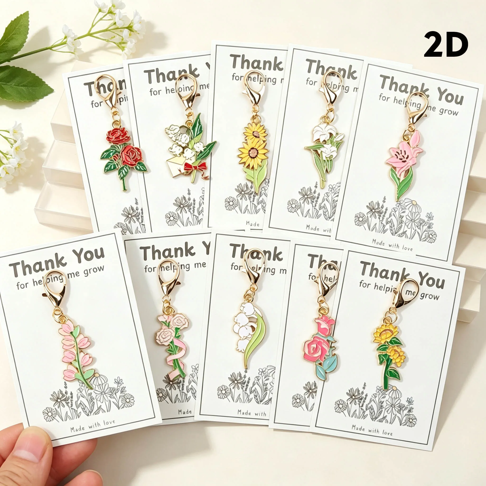 10 Beautiful Flower Keychain Pendants, with a Thank You Card for Helping Me Grow, Perfect Gifts for Teachers' Day, Back-To-School Season, Weddings, Commemorations, Thanksgiving, and Christmas