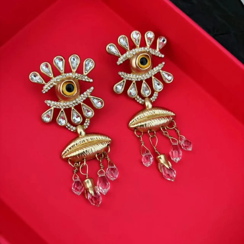 

Fashion Facial Features Eye Lips Crystal Brass Gold Plated Earrings Women Designer Brand Top Quality Jewelry