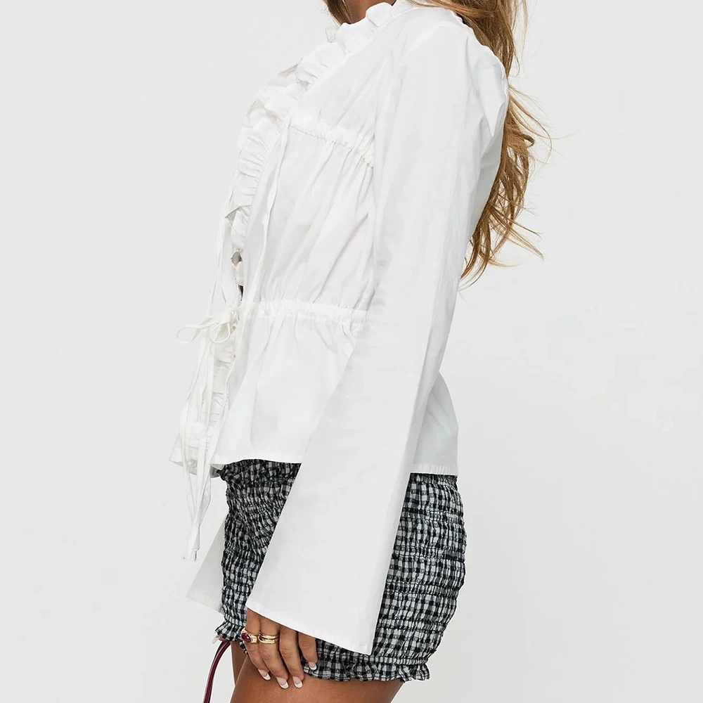 Blusa con volantes estéticos Vintage para primavera y otoño para mujer, camisas elegantes de manga larga con cuello en V, blusas frontales con lazo, Tops elegantes para mujer