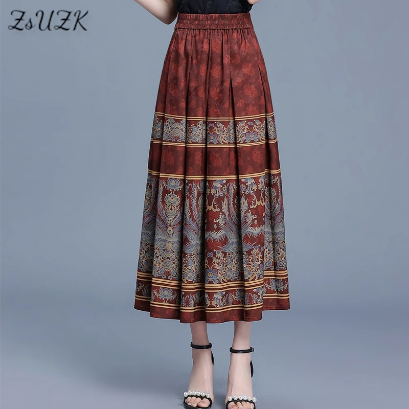 

ZUZK Spring Summer Improved Horse Face Skirt Elastic Waist Satin Imitation Silk Printing Vintage Pleats Skirt 3 Colors